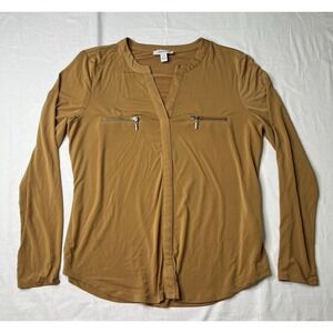 Carmen Marc Valvo Women Button Up Shirt Large Casual Long Sleeve Pockets Mustard